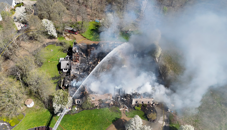 A house fire seen from above