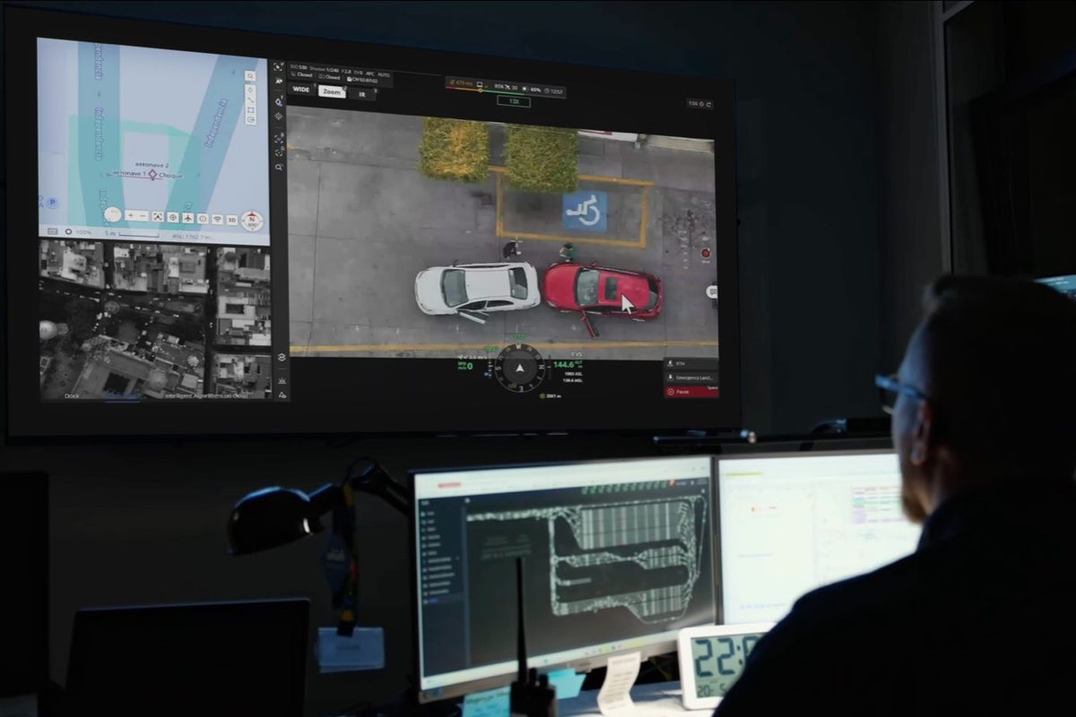 Command center with drone video on screen